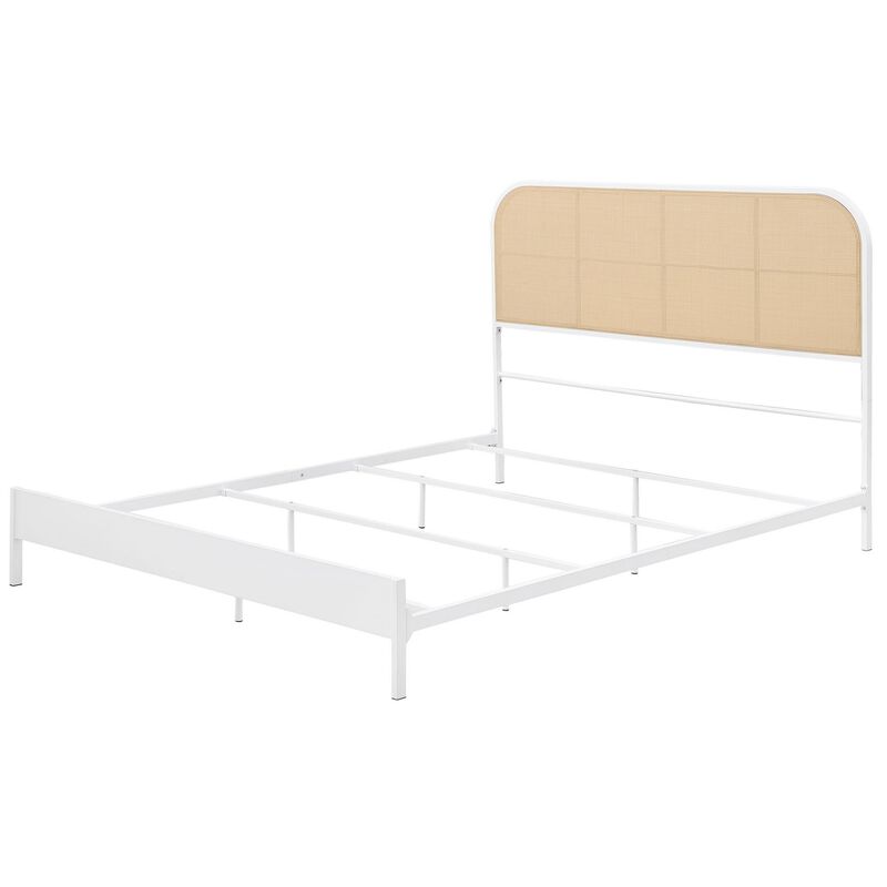 Ammy Queen Bed, Radio Weave Headboard, Brown Faux Rattan, White Metal  - Benzara