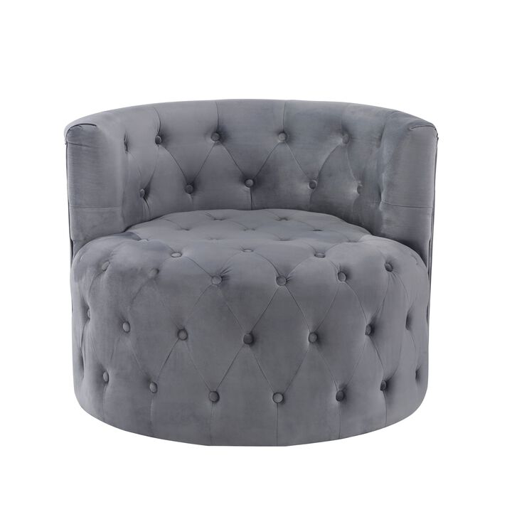 Alix 33 Inch Swivel Accent Chair, Round Design, Button Tufted Gray Velvet - Benzara