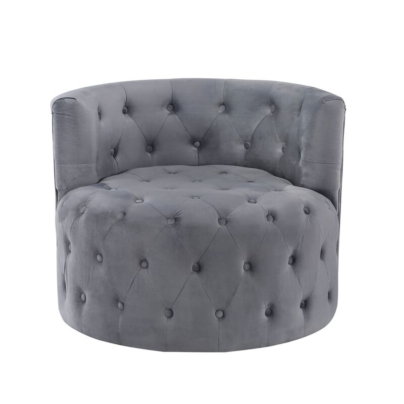 Alix 33 Inch Swivel Accent Chair, Round Design, Button Tufted Gray Velvet - Benzara