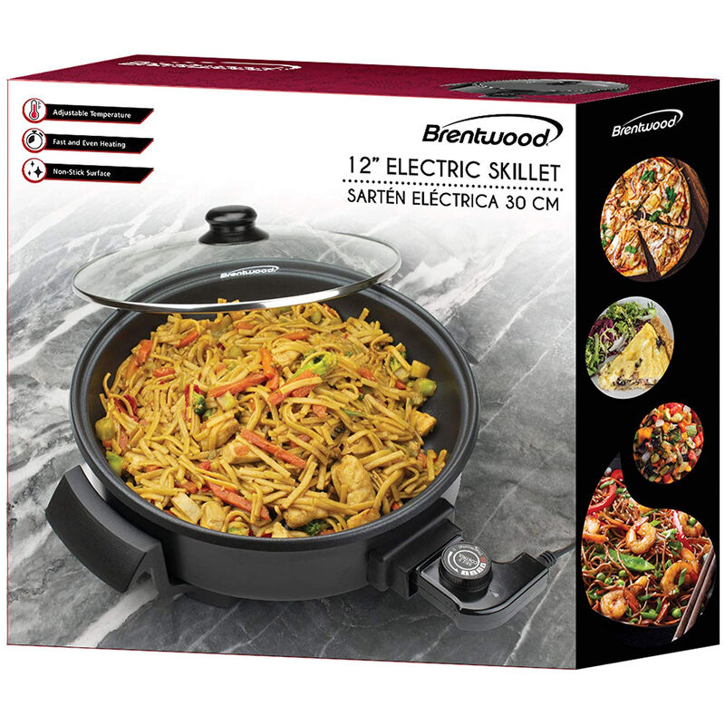 Brentwood 12 inch Round Non-Stick Electric Skillet with Vented Glass Lid in Black