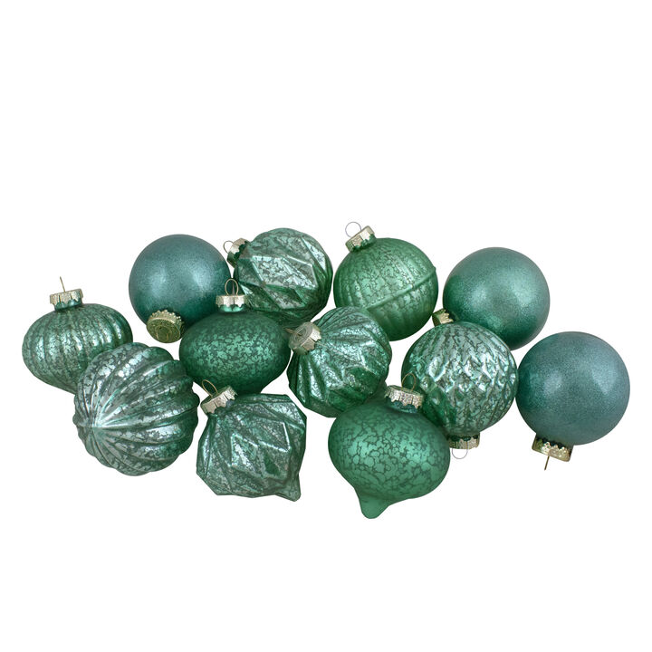 Set of 12 Green Finial and Glass Ball Christmas Ornaments