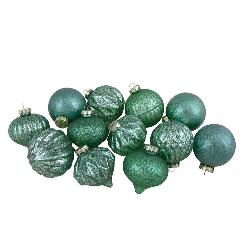 Set of 12 Green Finial and Glass Ball Christmas Ornaments