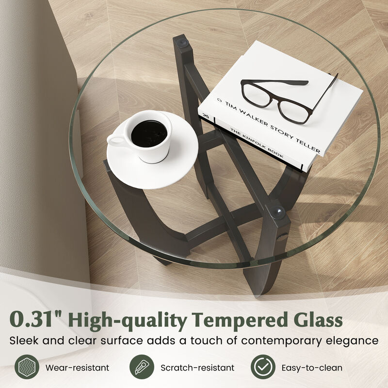 Round End Side Table with Tempered Glass Top for Living Room or Bedroom