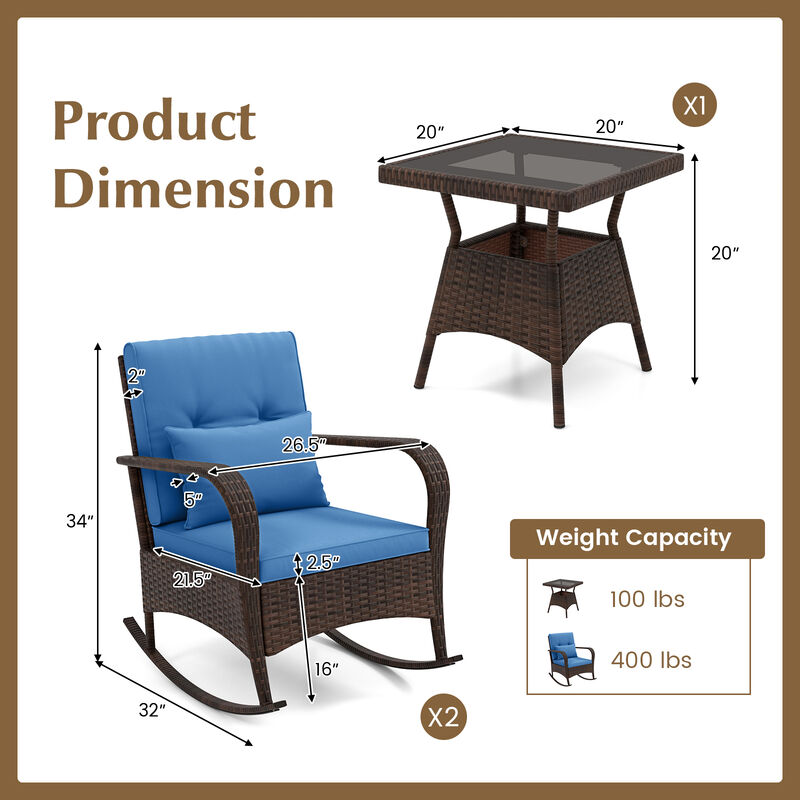 3 Piece Outdoor Rocking Set with Tempered Glass Coffee Table for Backyard Poolside