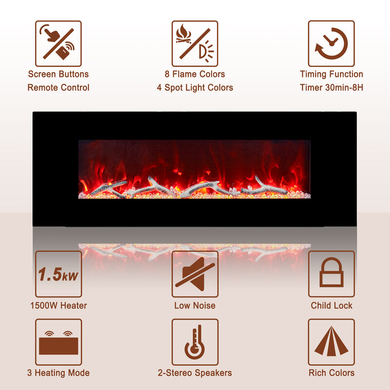 MONDAWE 50" Wall-Mounted Electric Fireplace 5120 BTU Heater with Bluetooth Speaker & Remote Control Adjustable Flame Color & Temperature Setting