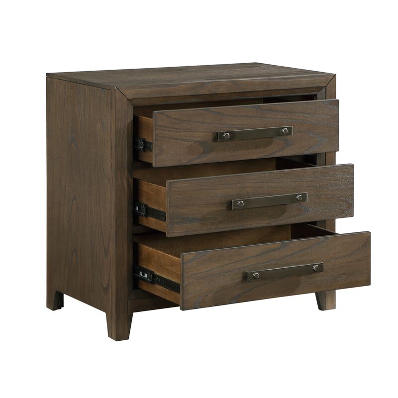 Wyn 27 Inch Nightstand, 3 Drawers, Nickel Handles, Brushed Walnut Brown - Benzara