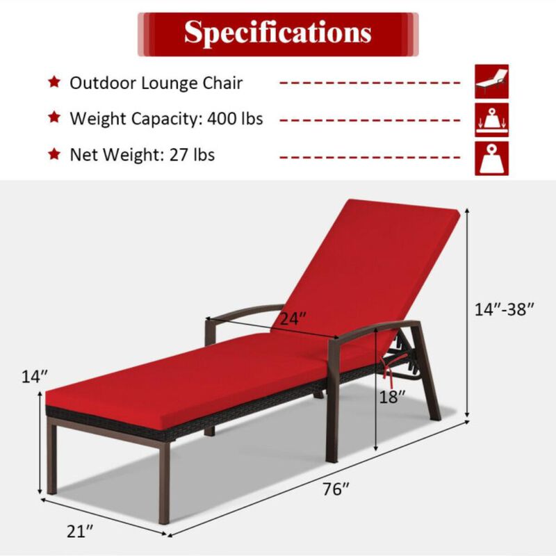 Hivvago 2 Pieces Patio Rattan Adjustable Back Lounge Chair with Armrest and Removable Cushions