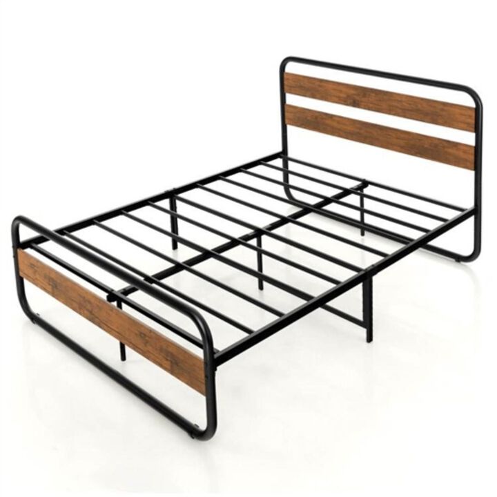 Hivvago Queen Industrial Wood and Metal Tube Platform Bed with Headboard and Footboard