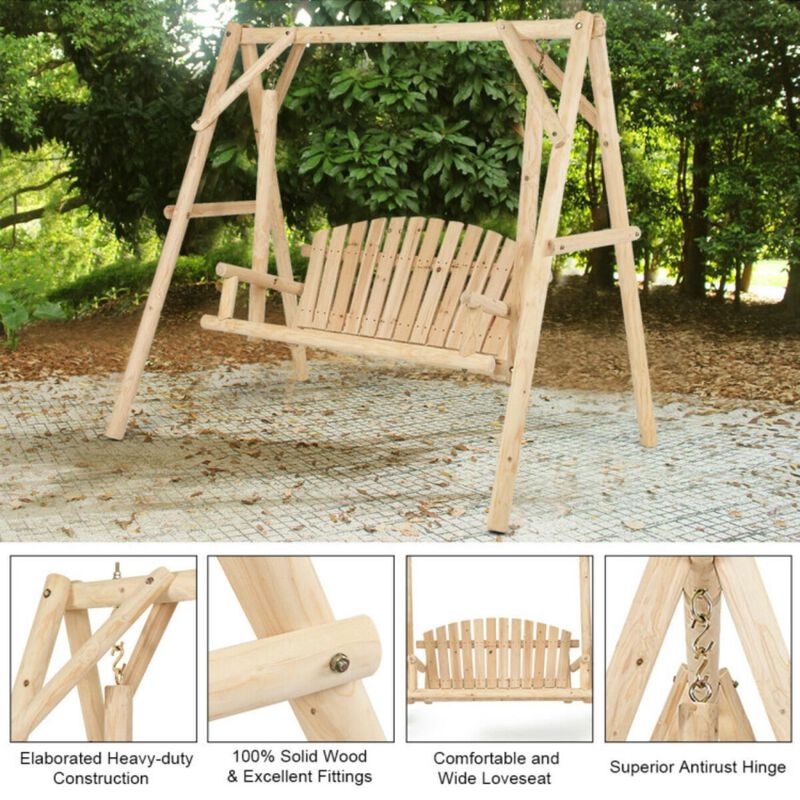Hivvago Outdoor Wooden Porch Bench Swing Chair with Rustic Curved Back