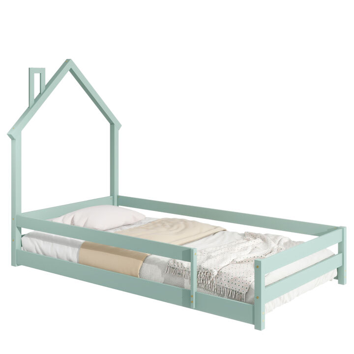 Twin Size Wood Bed With House-Shaped Headboard Floor Bed With Fences, Light Green