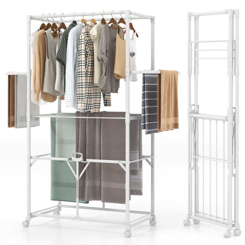 Foldable Aluminum Laundry Rack with Hanging Rods and Drying Shelves for Space-Saving Clothes Drying