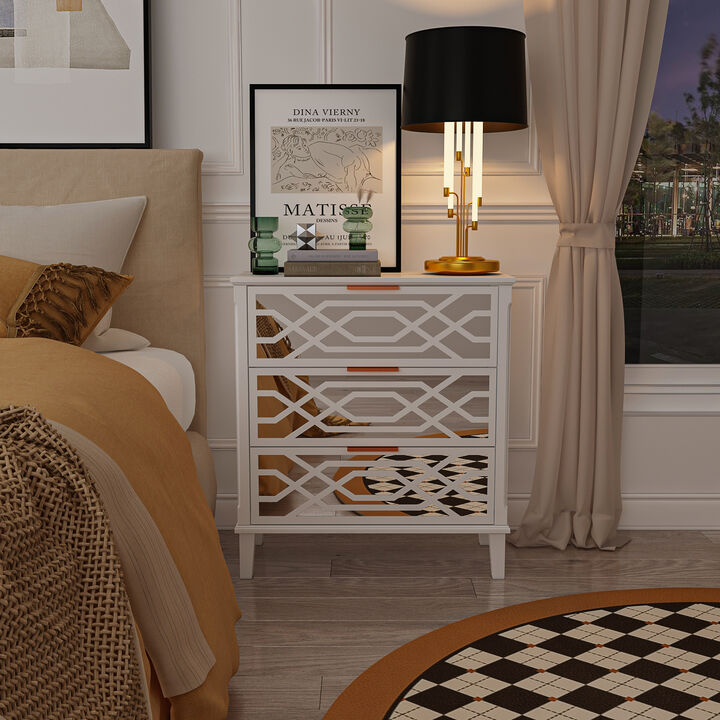 3-Drawers White Wood Mirrored Paint Nightstands Bedside Table with Mirror Finish (28.5 in. H x 11.8 in. D x 26 in. W)