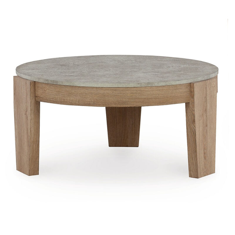 Hena 3pc Coffee and End Table Set, Round Gray Faux Cement, Brown Wood - Benzara