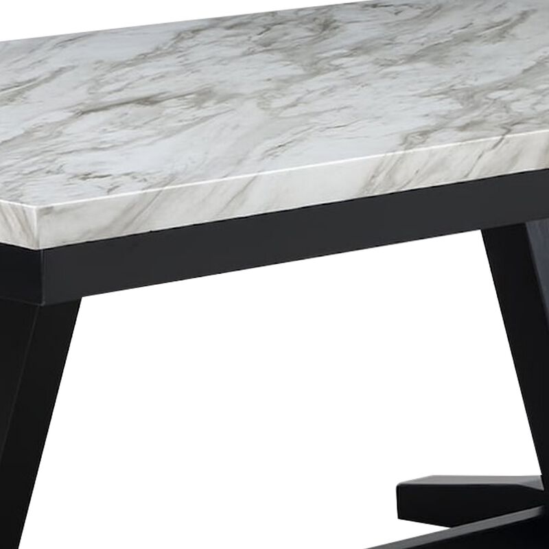 Oliver 72 Inch Dining Table With Faux Carrara Marble Top, White and Black - Benzara