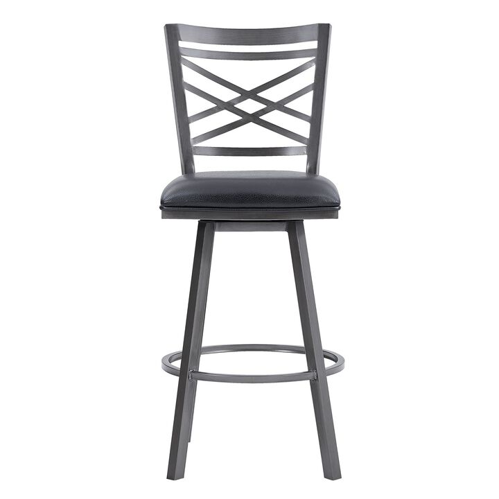 26  Inches Metal Cross Back Counter Barstool with Leatherette Seat, Gray-Benzara