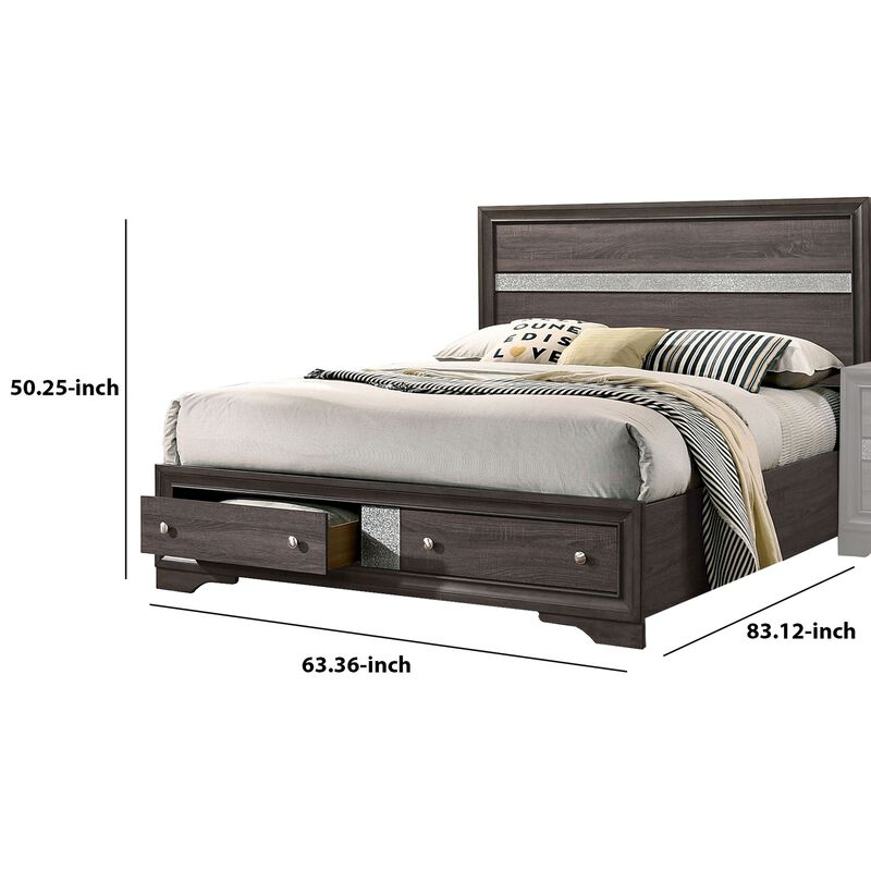 Queen Bed with Plank Headboard and 2 Drawers, Brown and Silver-Benzara