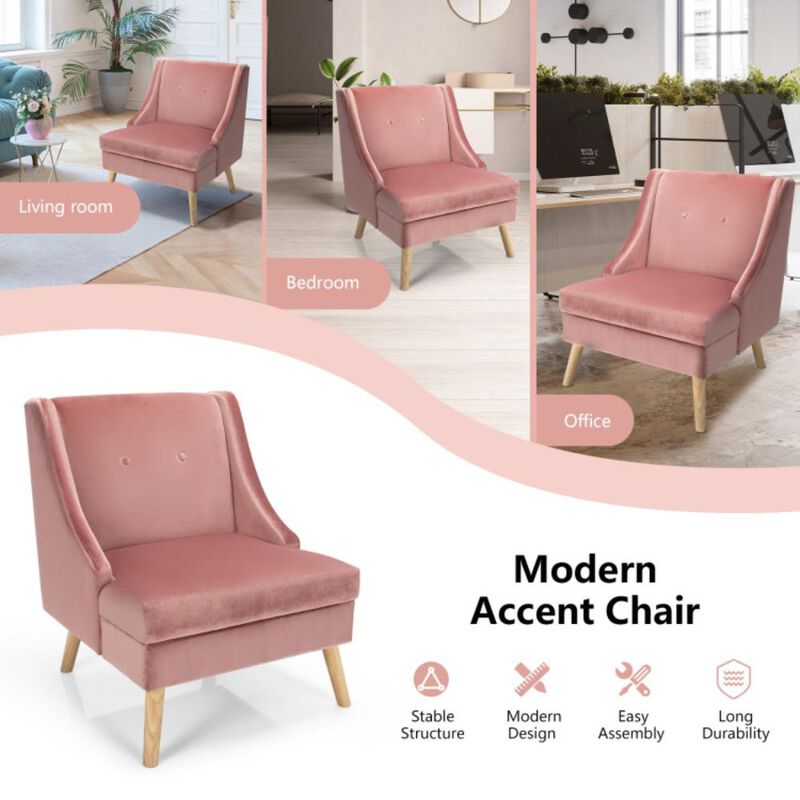 Hivvago Velvet Wing Back Accent Chair with Rubber Wood Legs and Padded Seat for Living Room-Pink