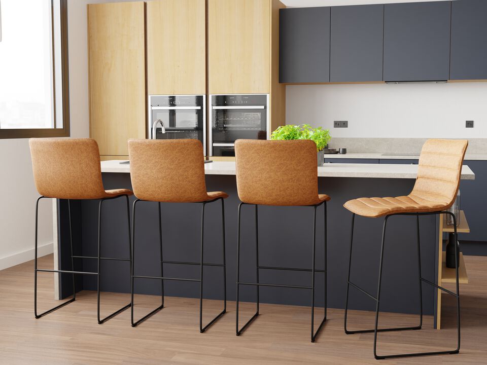 LeisureMod Brooklyn 29.9" Modern Leather Bar Stool with Black Iron Base & Footrest – Stylish and Durable Seating for Kitchen or Bar