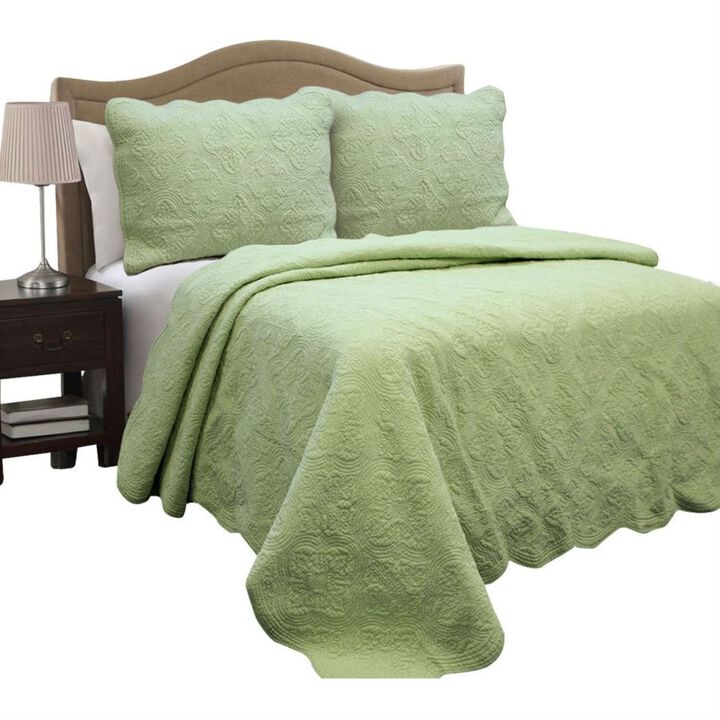 Hivvago Full Queen Green Cotton Quilt Bedspread with Scalloped Borders