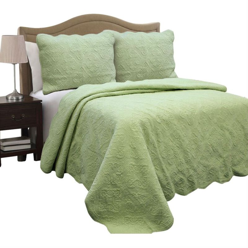 Hivvago Full Queen Green Cotton Quilt Bedspread with Scalloped Borders