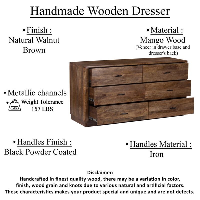 Tao Dresser with 6 Drawers, 60 Inch Wide, Handcrafted Walnut Brown Mango Wood