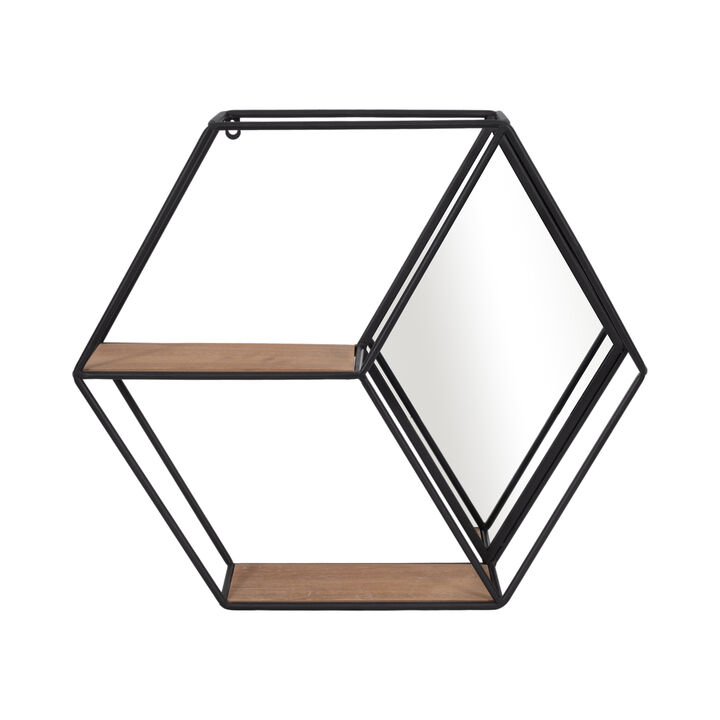 Metal/wood 20" Hexagon Mirrored Wall Shelf