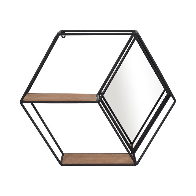 Metal/wood 20" Hexagon Mirrored Wall Shelf