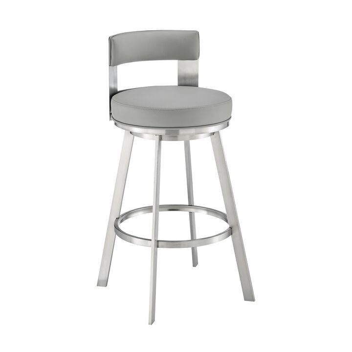 Ami 26 Inch Swivel Counter Stool Chair, Light Gray Faux Leather, Steel - Benzara