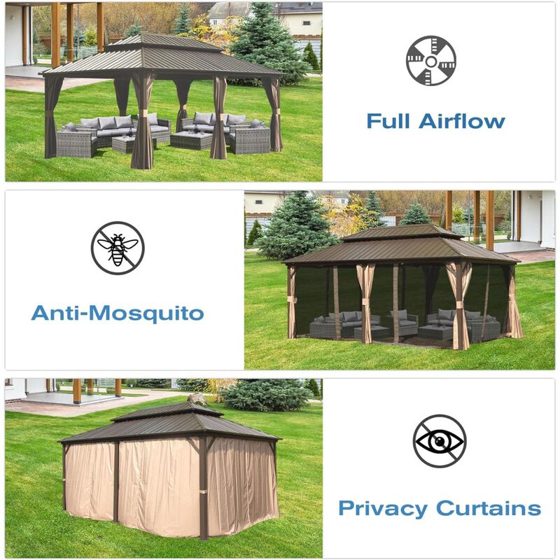 12' X 20' Hardtop Gazebo, Aluminum Metal Gazebo Withnized Steel Double Roof Canopy