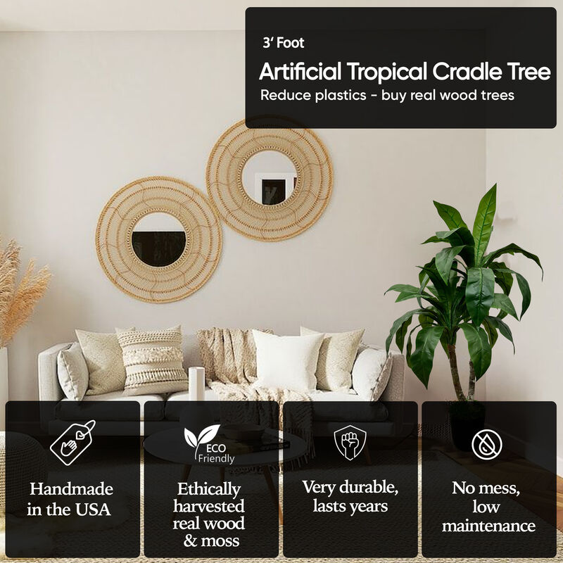 Handmade 3' Artificial Tropical Cradle Tree In Home Basics Plastic Pot Made with Real Wood and Moss Accents