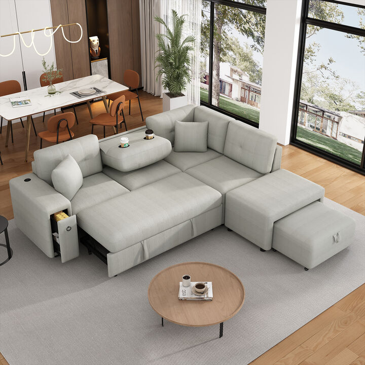 86.6" Sectional Sofa L-shaped Sofa Couch Pull-out Sofa Bed with a Movable Ottoman, Two USB Ports  and Two Cup Holders for Living Room, Beige