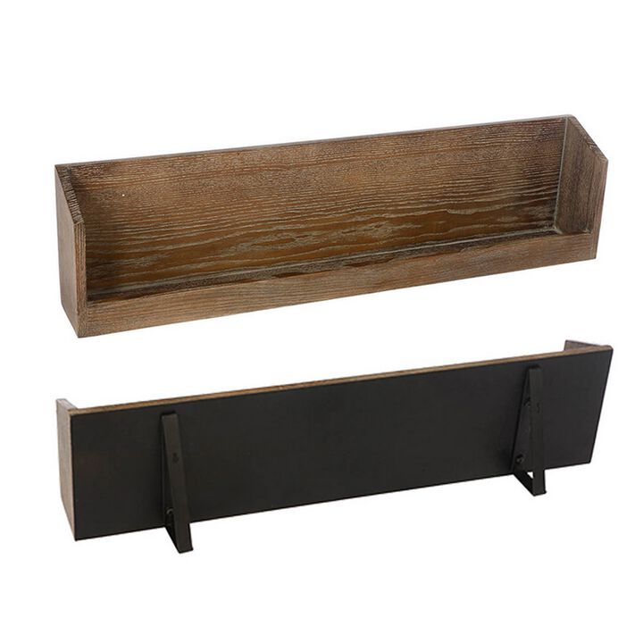 36 Inch Wine Rack Display Shelf Set of 2, Rectangular, Brown Wood, Black - Benzara