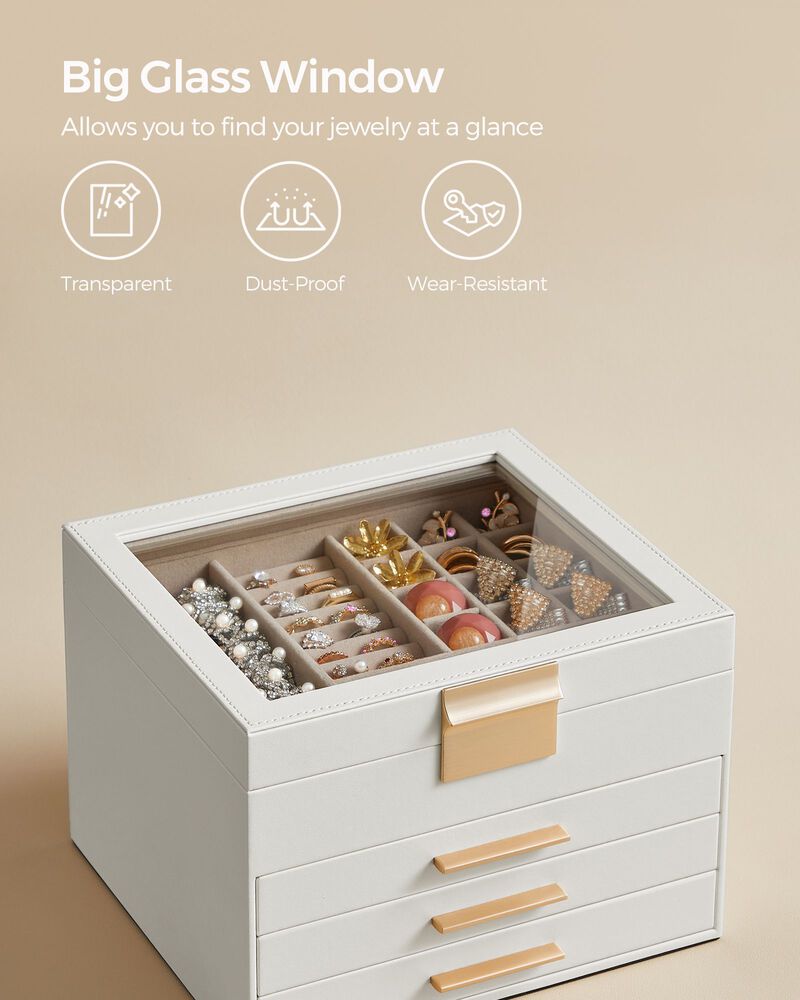 Elegant 4-Layer Jewelry Box with Glass Lid and 3 Drawers - Perfect Gift for Loved Ones
