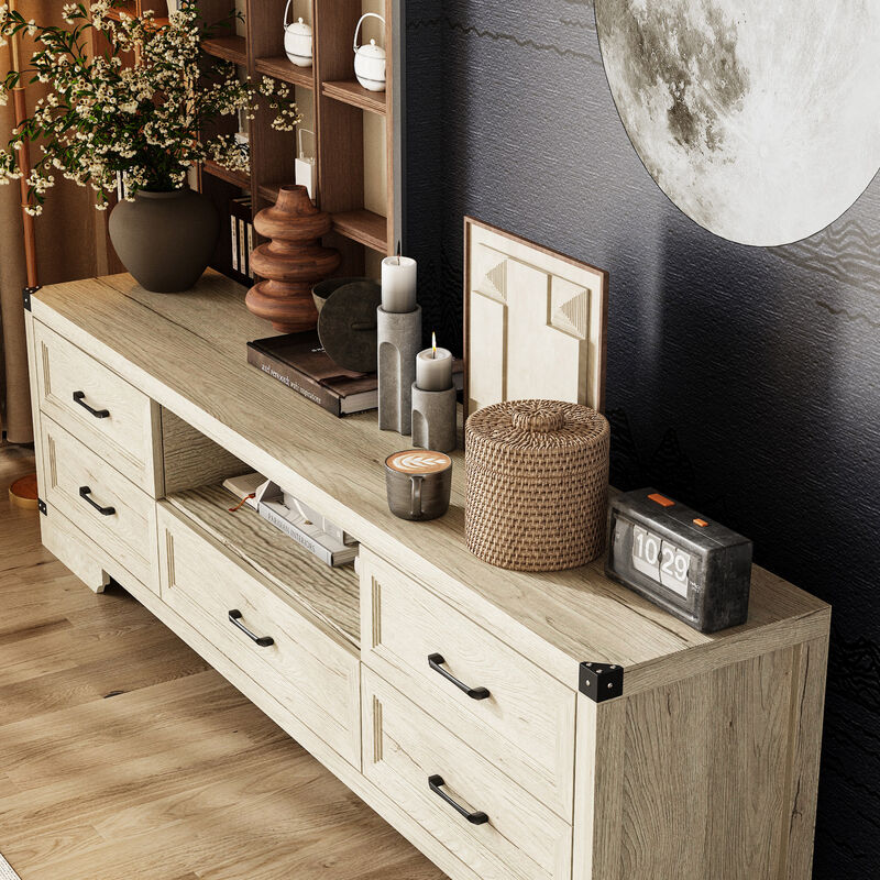 FUFU&GAGA Modern Dark Wood TV Stand – 5 Drawers & Open Shelf, Sturdy P2-Grade MDF Entertainment Center  (70.9" W x 14.1" D x 51.4" H), Dark Wood