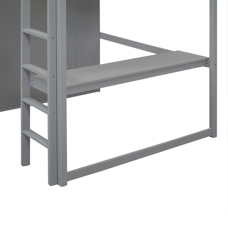 Merax Modern Loft Bed with Built-in Wardrobe and Desk