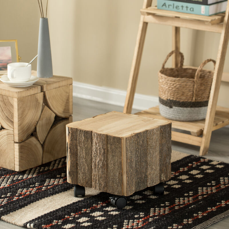 Accent Decorative Natural Wooden Square Stump Stool, with Wheels for Indoor and Outdoor