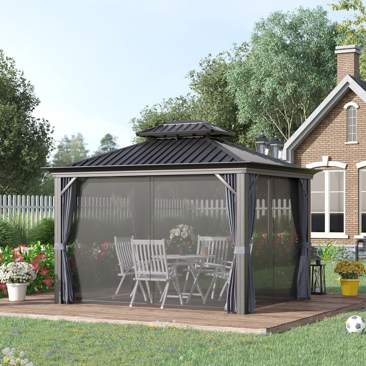 Charcoal Outdoor Haven: 12x10 ft Double-Vented Hardtop Gazebo with Netting