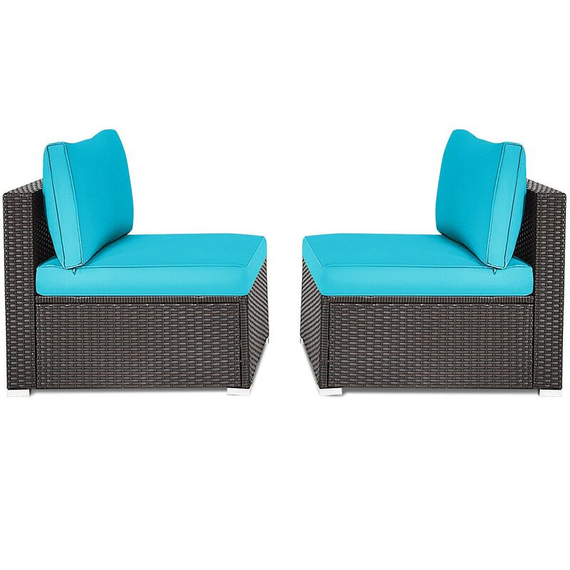 2 Pieces Patio Rattan Armless Sofa Set with 2 Cushions and 2 Pillows