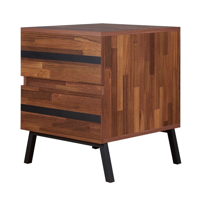 Two Drawers Wooden End Table with Angled Leg Support, Brown and Black-Benzara