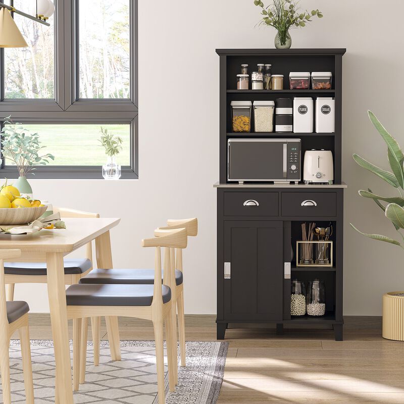 Black Kitchen Organizer: Pantry Cabinet with Sliding Doors and Drawers