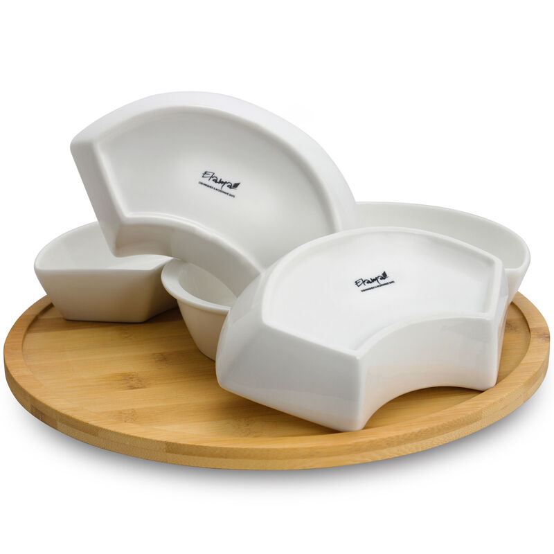 Elama Signature 12 1/4 Inch 6-Piece Lazy Susan Appetizer and Condiment Server Set with 5 Serving Dishes and a Bamboo Lazy Suzan Serving Tray