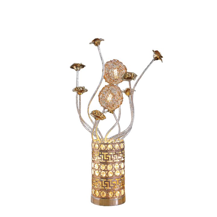 Table Lamp, Rose Bud Floral Vase, Cage Textured Gold Chrome 22 Inch  - Benzara