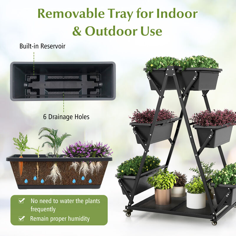 3-Tier Vertical Raised Garden Bed with 4 Wheels and 6 Removable Container Boxes