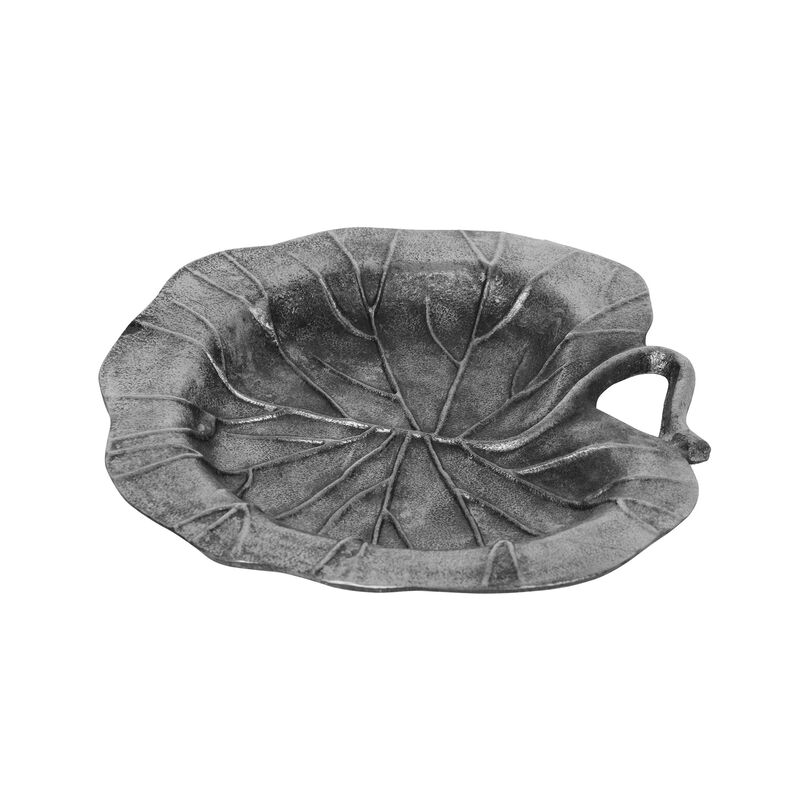 Decorative Leaf Plate, 12 Inch Textured Floral, Dark Gray Aluminium - Benzara