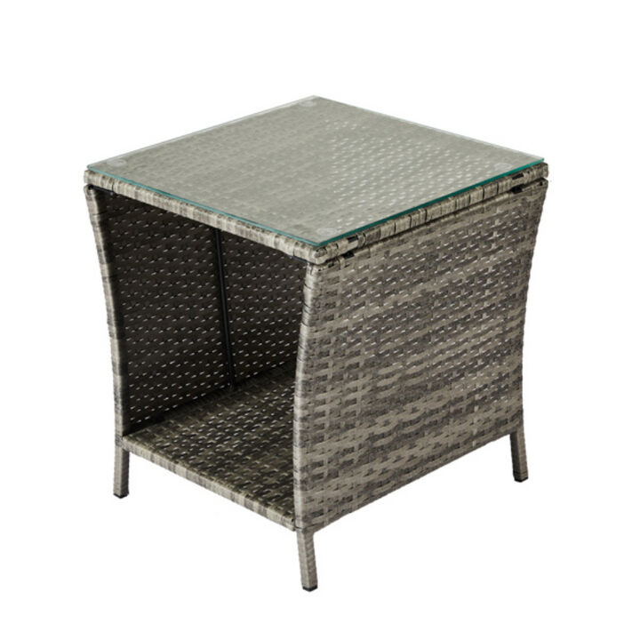 Square Patio Wicker End Table with Glass Top for Porch or Garden