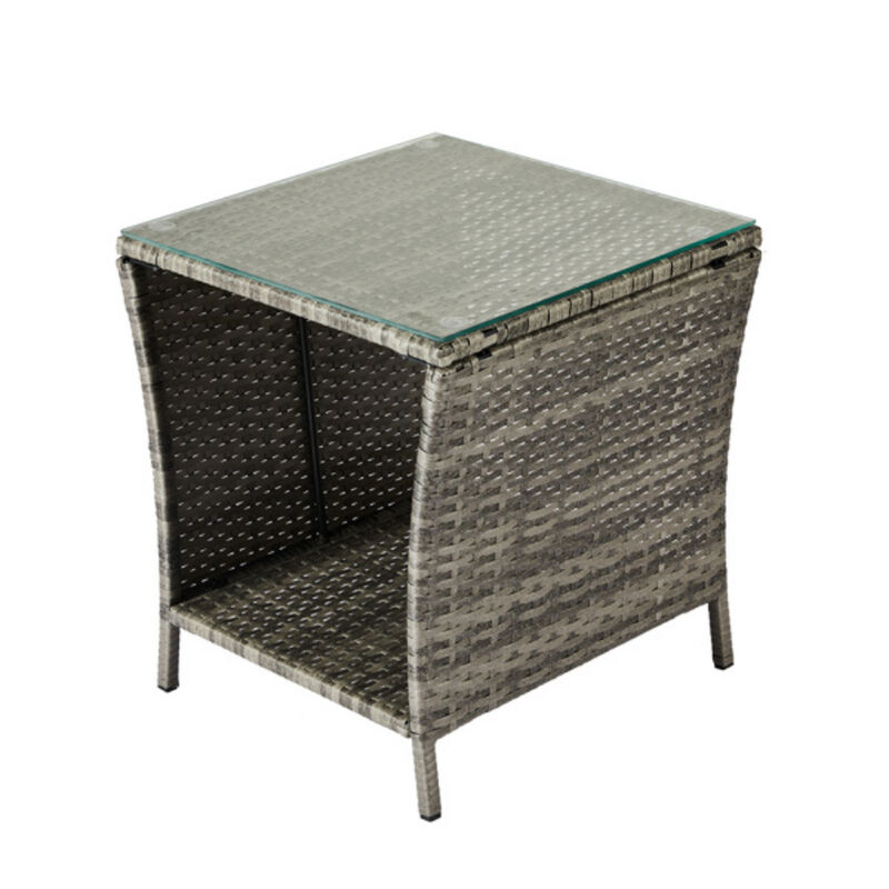 Square Patio Wicker End Table with Glass Top for Porch or Garden