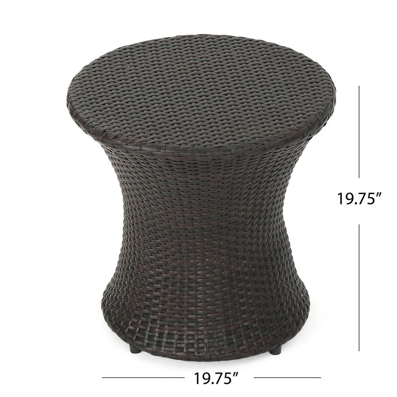 Loco Outdoor Side Table, Hourglass Shape 20 Inch Brown Rattan Wicker - Benzara