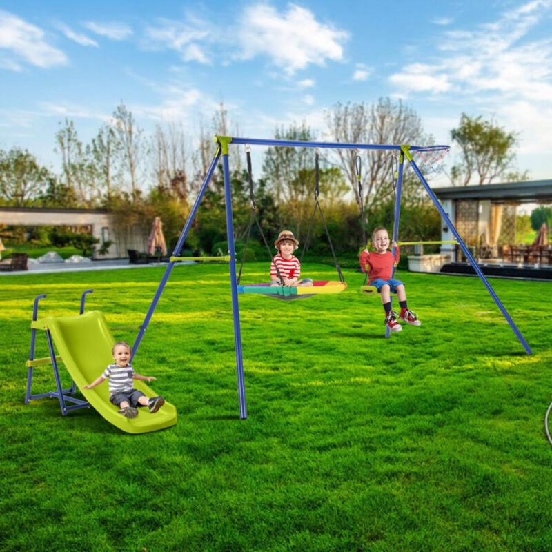 Hivvago 4-in-1 Heavy-Duty Metal Playset with Slide and Basketball Hoop