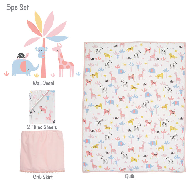 Lambs & Ivy Snuggle Jungle Pastel Safari Cotton Jersey 5-Piece Crib Bedding Set