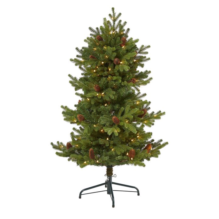 Nearly Natural Yukon Mountain Fir Artificial Christmas Tree with Clear Lights and Pine Cones